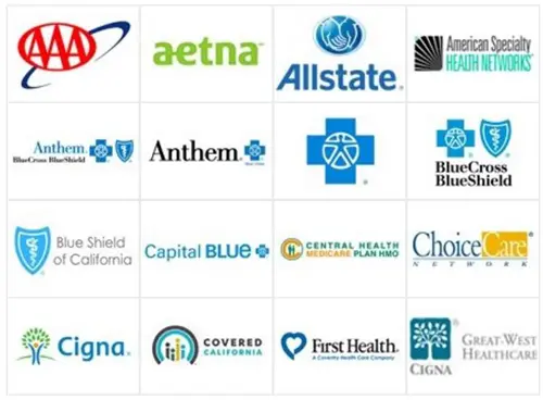 Insurance company logos including Aetna, Allstate, Anthem, Blue Cross, Blue Shield, and Cigna